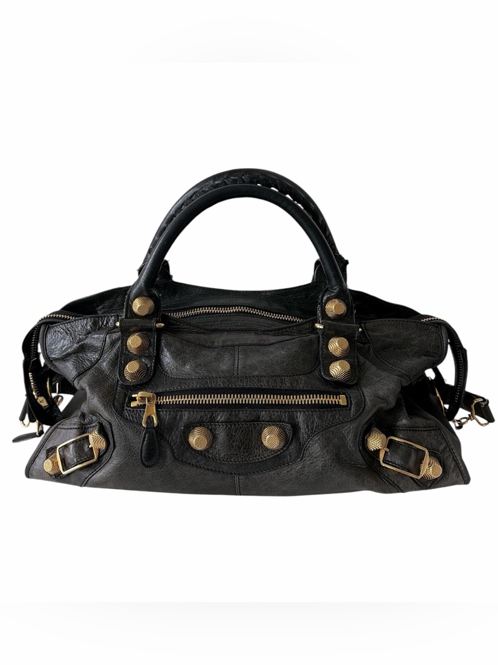 RARE Balenciaga Vintage distressed Black leather w/ large gold Hardware